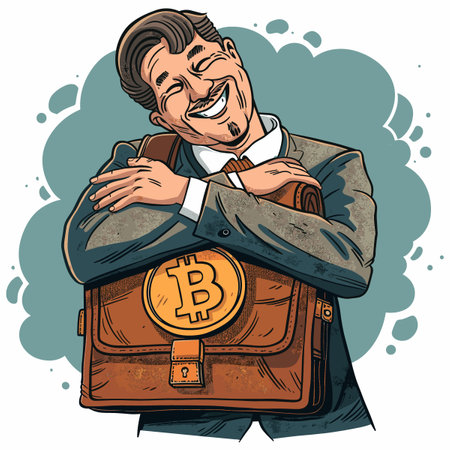 Vector illustration of a happy smiling man with a briefcase and bitcoin.のイラスト素材