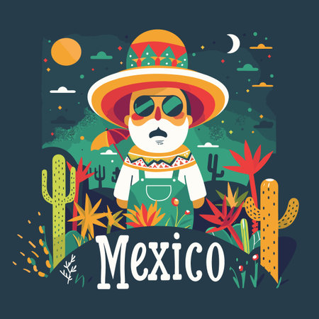 Mexican man with sombrero, hat and cactus. Vector illustrationのイラスト素材