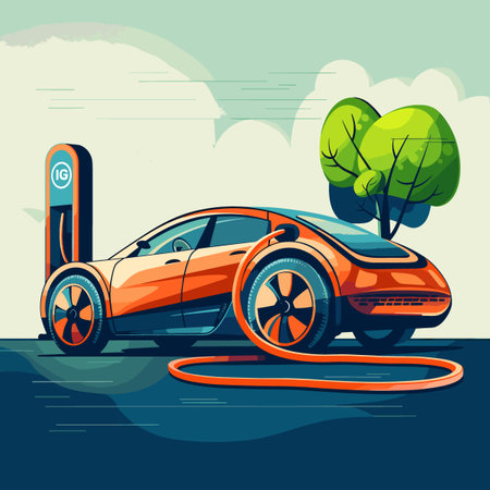 Electric car charging station. Electric vehicle concept. Vector illustration in flat styleのイラスト素材