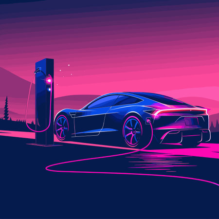 Electric car charging at the charger station. Vector illustration for your designのイラスト素材