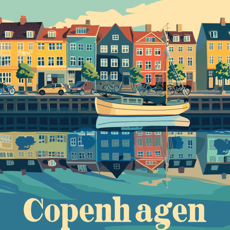 Seamless pattern with old houses and boats on the river.のイラスト素材