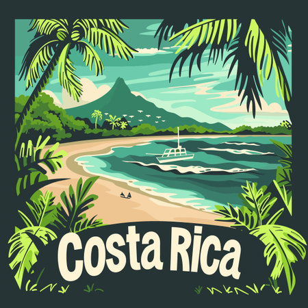Costa Rica vector poster with palm trees and boat on sea.のイラスト素材