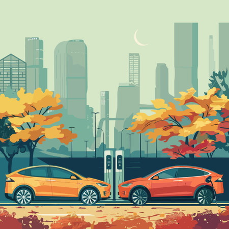 Autumn city landscape with cars. Vector illustration in flat style.のイラスト素材