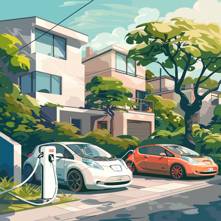 Electric car charging station in the city. Vector illustration in cartoon styleのイラスト素材