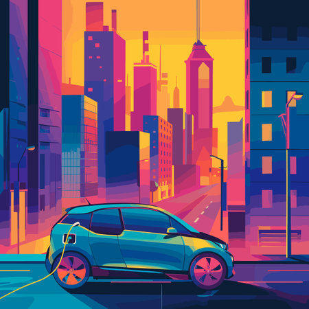 Car on the road in the city at sunset. Vector illustration.のイラスト素材