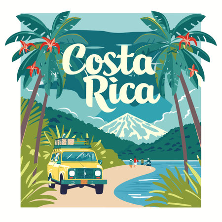 Vacation in Costa Rica poster with car, palm trees and mountains.のイラスト素材