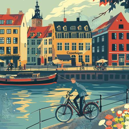 Amsterdam city landscape with canal, houses and bicycles, vector illustrationのイラスト素材
