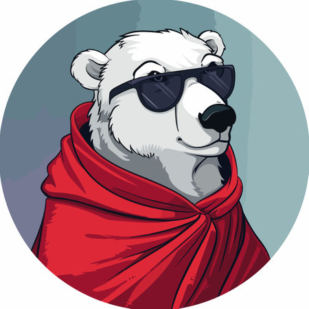 Illustration of a polar bear wearing sunglasses and a red shawlのイラスト素材
