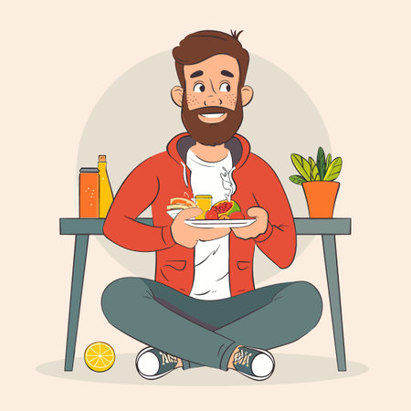 Man with a beard in a red jacket sits at a table with a plate of food. Vector illustration.のイラスト素材
