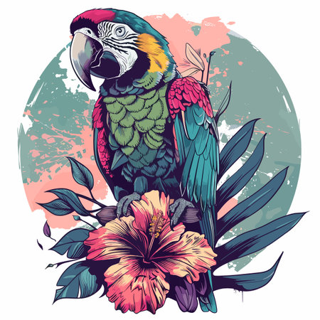 Beautiful macaw parrot and hibiscus flowers. Vector illustrationのイラスト素材