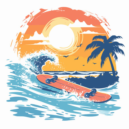 Surfboard on the beach with palm trees. Vector illustration.のイラスト素材