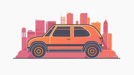 Car on the background of the city. Vector illustration in flat styleのイラスト素材