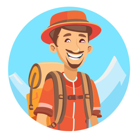 Tourist man with backpack and map. Vector illustration in cartoon style.のイラスト素材