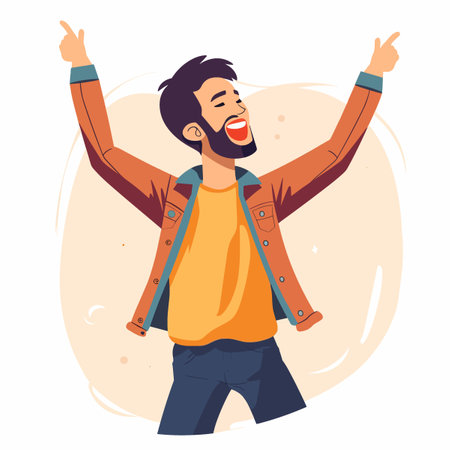 Cheerful hipster man with raised hands. Vector illustration.のイラスト素材