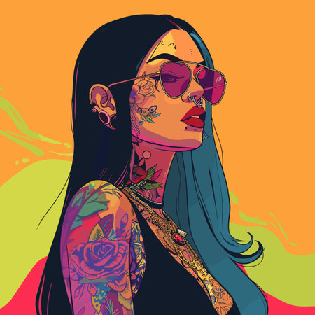 A woman with tattoos and a colorful background. She is wearing sunglasses and a black shirt. Scene is vibrant and colorfulのイラスト素材