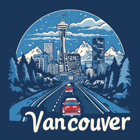 A blue and white drawing of a city Vancouver with a car driving down a roadのイラスト素材