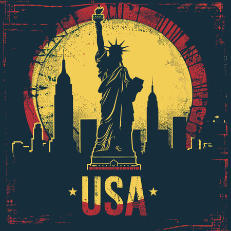 A poster of the Statue of Liberty in New York City with the word USA written below it. The poster has a vintage, grungy feel to itのイラスト素材