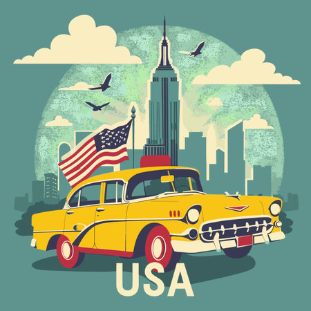 A yellow taxi cab with a red stripe and a yellow American flag on the roof. The taxi cab is in front of the Empire State Buildingのイラスト素材