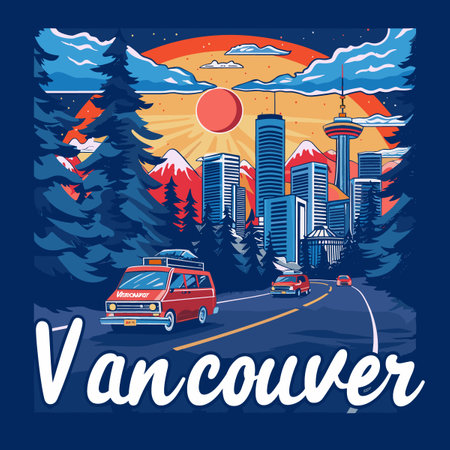 A poster of a city Vancouver with a red van driving down a road. The poster is blue and orangeのイラスト素材