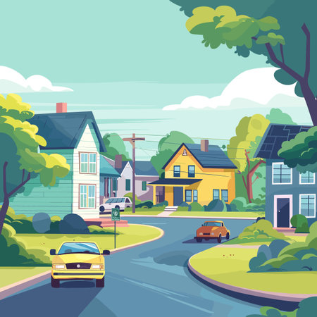 A cartoon drawing of a Virginia street with a yellow car driving down it. The street is lined with houses and treesのイラスト素材
