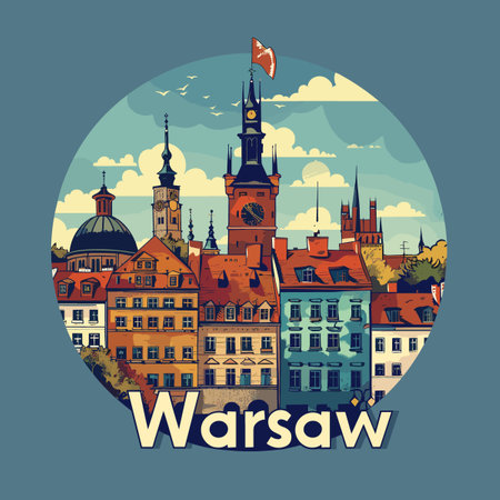A colorful cityscape of Warsaw with a clock tower in the center. The city is full of buildings and has a lively atmosphereのイラスト素材