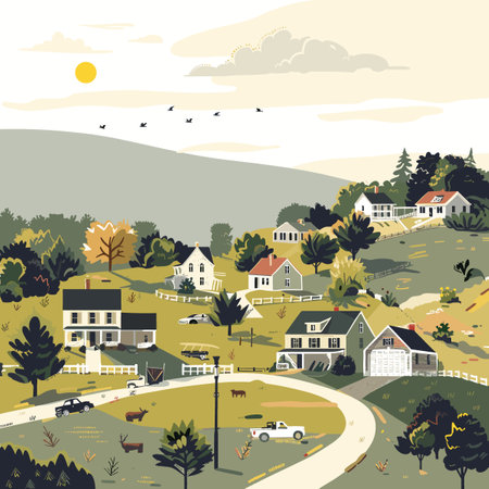 A small town Virginia with houses and a road. There are a few cars and a truck on the road. The sky is blue and the sun is shiningのイラスト素材