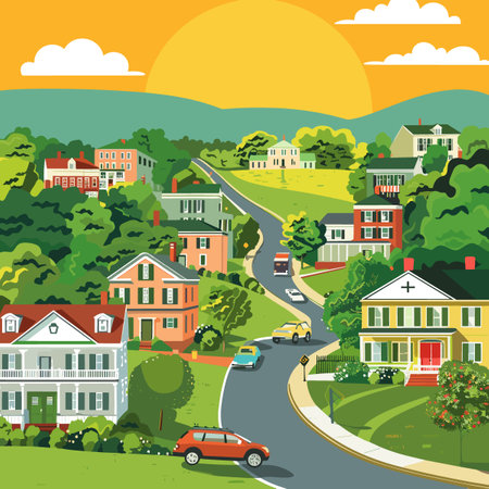 A cartoon drawing Virginia of a small town with a winding road and houses. The sun is setting in the backgroundのイラスト素材