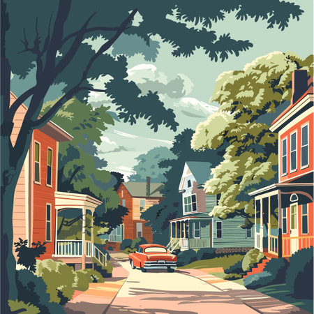 A painting of a suburban Virginia street with a red car parked on the side of the road. The mood of the painting is peaceful and calm, with the trees and houses creating a sense of community and tranquilityのイラスト素材