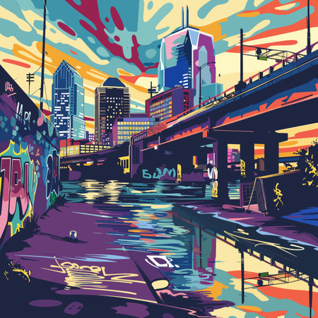 A colorful cityscape of Virginia with a bridge and a river. Scene is vibrant and livelyのイラスト素材