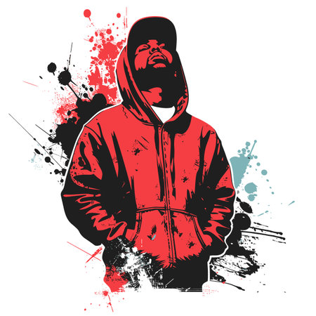 A man in a red hoodie is standing in front of a white background. The image has a graffiti-like style with splatters of red and blue paint. The man's expression is seriousのイラスト素材