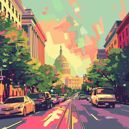 A colorful painting of a city street with a large building in the background. The painting captures the essence of a busy city street with cars and pedestriansのイラスト素材