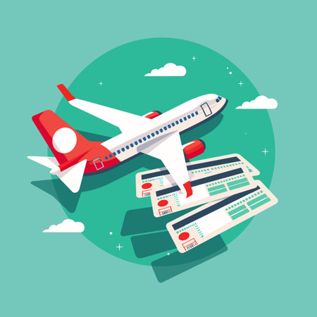 An airplane is flying through the sky with a bunch of tickets on the ground. Scene is adventurous and exciting, as it represents the idea of traveling and exploring new placesのイラスト素材