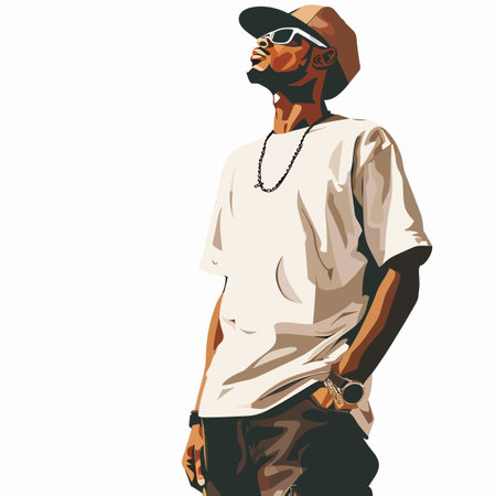 A man in a white shirt and sunglasses is standing in front of a white background. He is wearing a watch and a necklace. The image has a cool and casual vibe, with the man looking upのイラスト素材