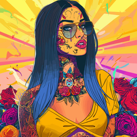 A woman with a tattooed body and a flowery dress. She is wearing sunglasses and has a flowery necklaceのイラスト素材