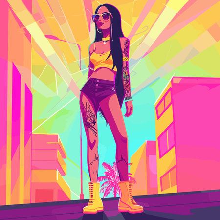 A woman with tattoos and sunglasses stands in front of a building. The image is a colorful, abstract piece of art that captures the essence of a city streetのイラスト素材