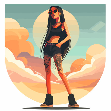 A woman with long hair and tattoos stands in front of a cloudy sky. She is wearing a black tank top and shortsのイラスト素材