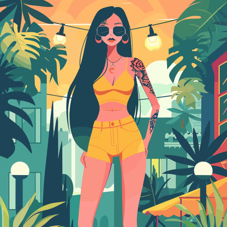 A woman in a yellow bikini stands in front of a green background with palm trees. She is wearing sunglasses and has a tattoo on her armのイラスト素材
