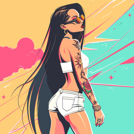 A woman with long hair and tattoos on her arm stands in front of a colorful background. The image is a colorful and vibrant representation of a woman with a unique styleのイラスト素材