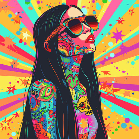 A woman with colorful tattoos and a long black hair is wearing sunglasses and looking at the camera. The image is a colorful and vibrant piece of art that captures the essence of a summer dayのイラスト素材