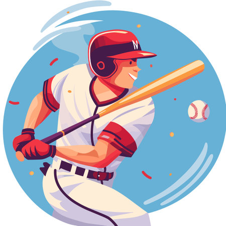 A baseball player is swinging a bat at a ball. The player is smiling and he is enjoying the gameのイラスト素材