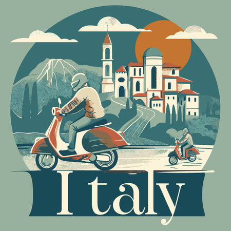 A man is riding a scooter in Italy. The man is wearing a helmet. The road is surrounded by trees. The sky is blueのイラスト素材