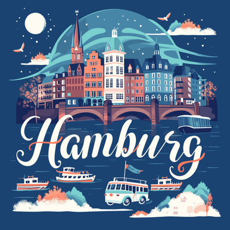 A colorful cityscape of Hamburg with boats and a bridge. The city is lit up at nightのイラスト素材
