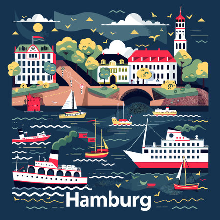 A colorful illustration of a Hamburg city with boats and a bridge. The boats are sailing on the waterのイラスト素材