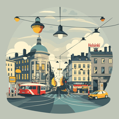 A Helsinki city street with a tram and a car. The street is busy with people walking and cars driving. Scene is lively and bustlingのイラスト素材