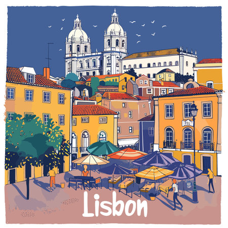 A colorful painting of a city with a blue sky and a sign that says "LISBON" in whiteのイラスト素材