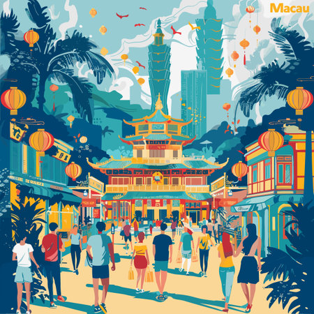 A colorful painting of a busy street scene with people walking and shopping. The mood of the painting is lively and bustlingのイラスト素材
