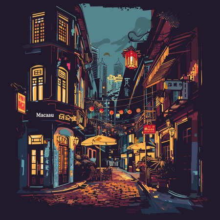 A street scene with a sign that says Macau. The street is lit up with lights and there are several umbrellas and potted plantsのイラスト素材