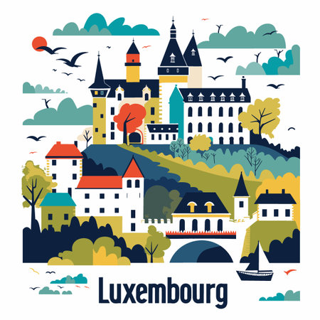 A colorful drawing of a city with a bridge and a boat. The city is called Luxembourgのイラスト素材