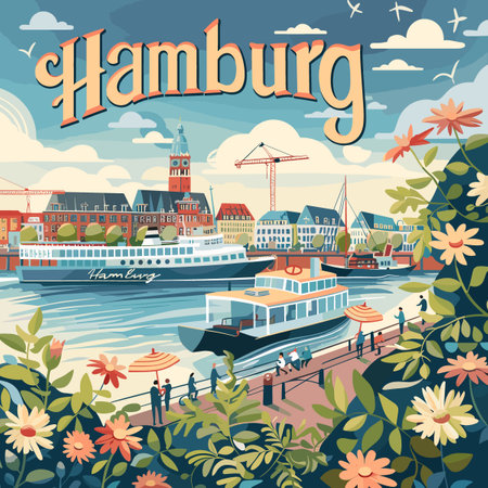 A colorful painting of a city with a boat and people. The painting is titled Hamburg. The mood of the painting is lively and cheerfulのイラスト素材