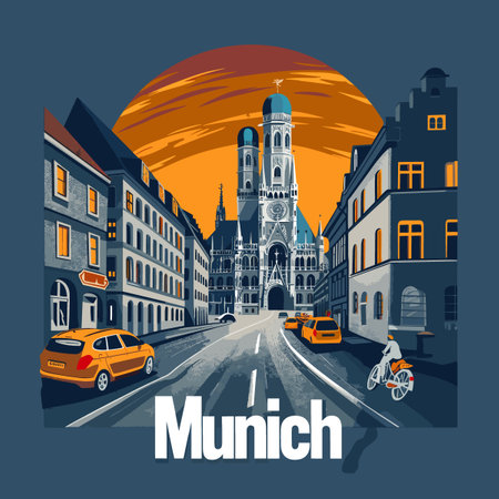 A cityscape of Munich with a sunset in the background. The city is bustling with cars, bicycles, and pedestriansのイラスト素材